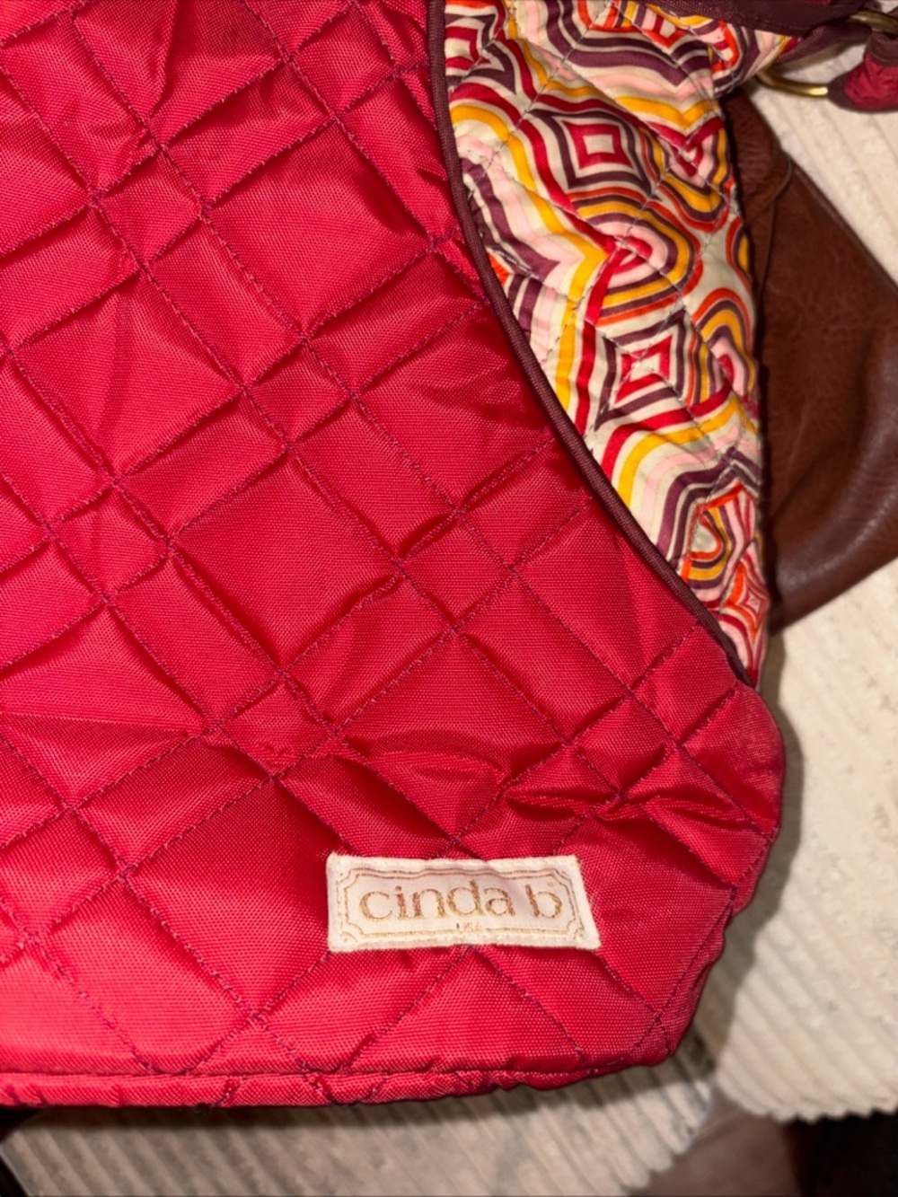 Quilted Red Shoulder High Bag with Patterned Trim Cinda B